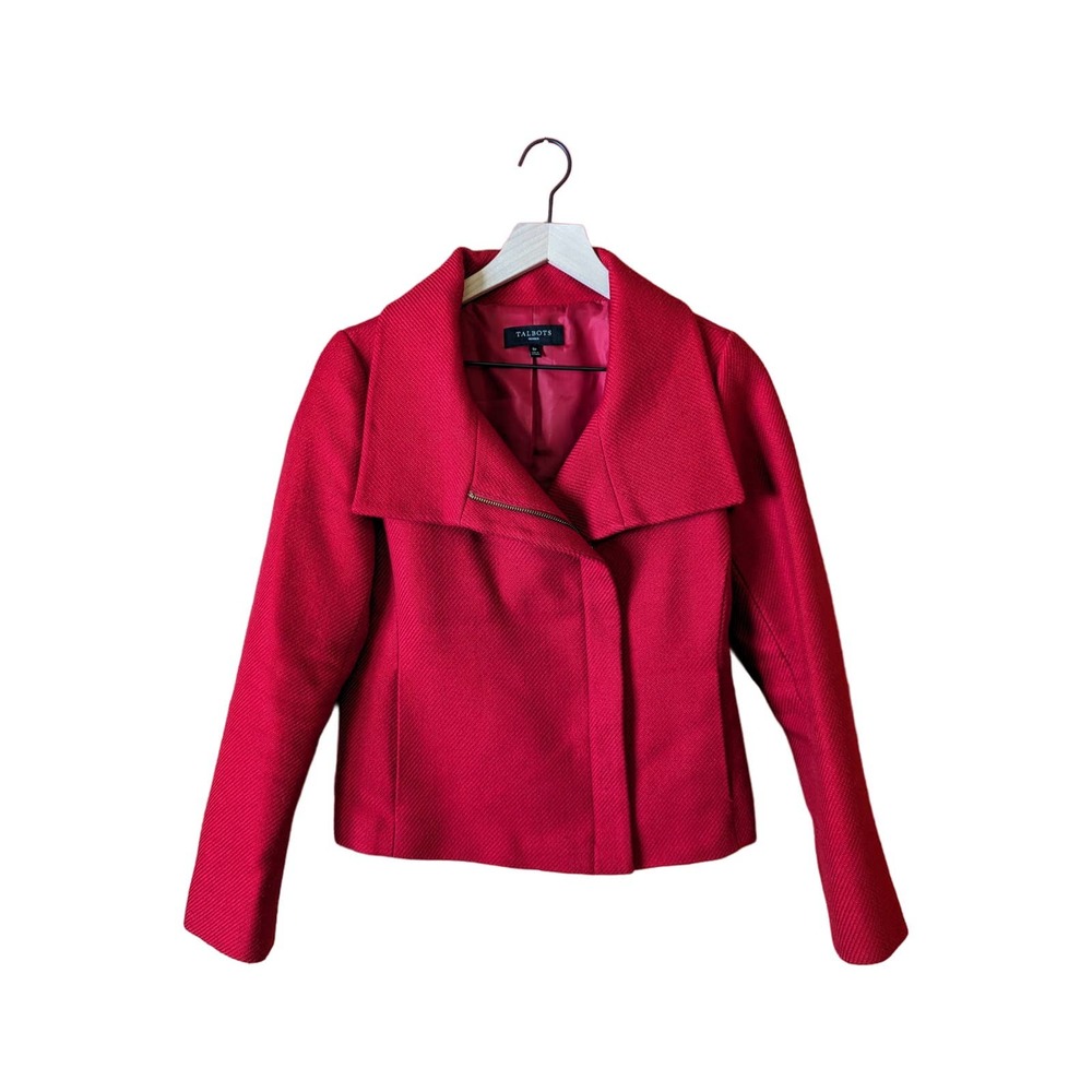 Talbots Wool Blend Moto Jacket Contemporary Minimalist Classic Red Size 8 Petite